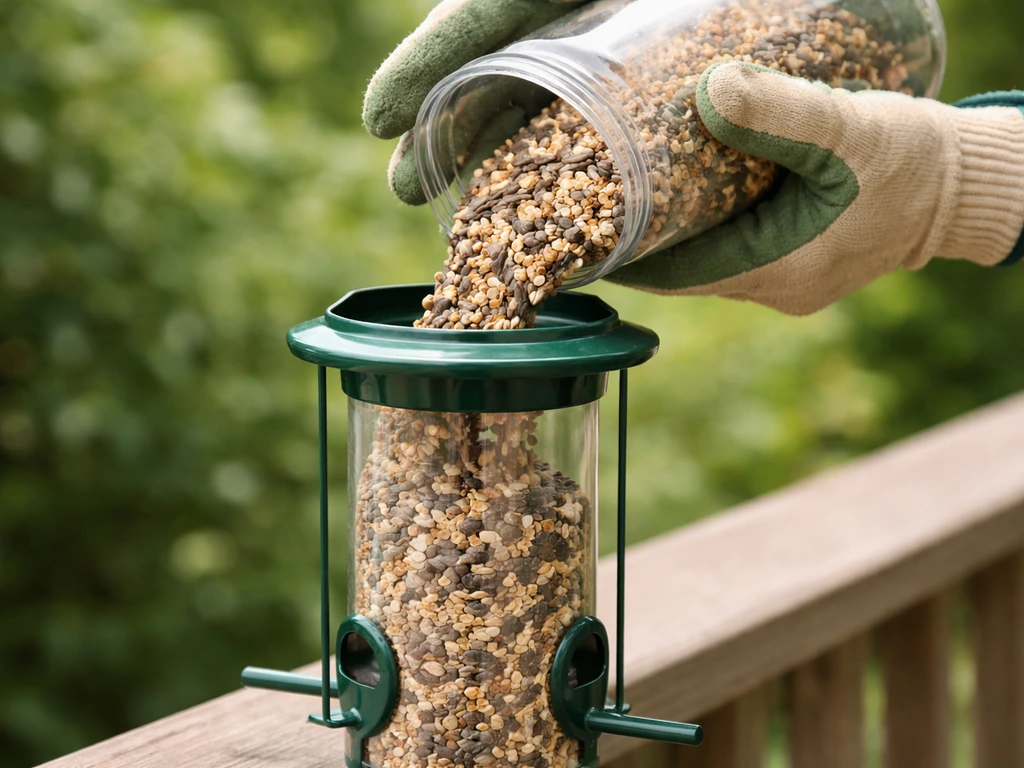 Gloved hands pouring bird seed into a hopper bird feeder, showing a clean, spill-free fill