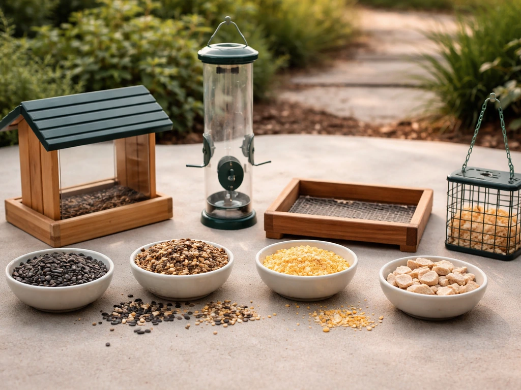 Assorted bird feeders with bowls of black-oil sunflower and other seeds in a simple backyard setup.