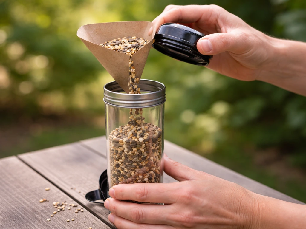 Hands removing the cap of a tube bird feeder and pouring seeds in through a small paper funnel.