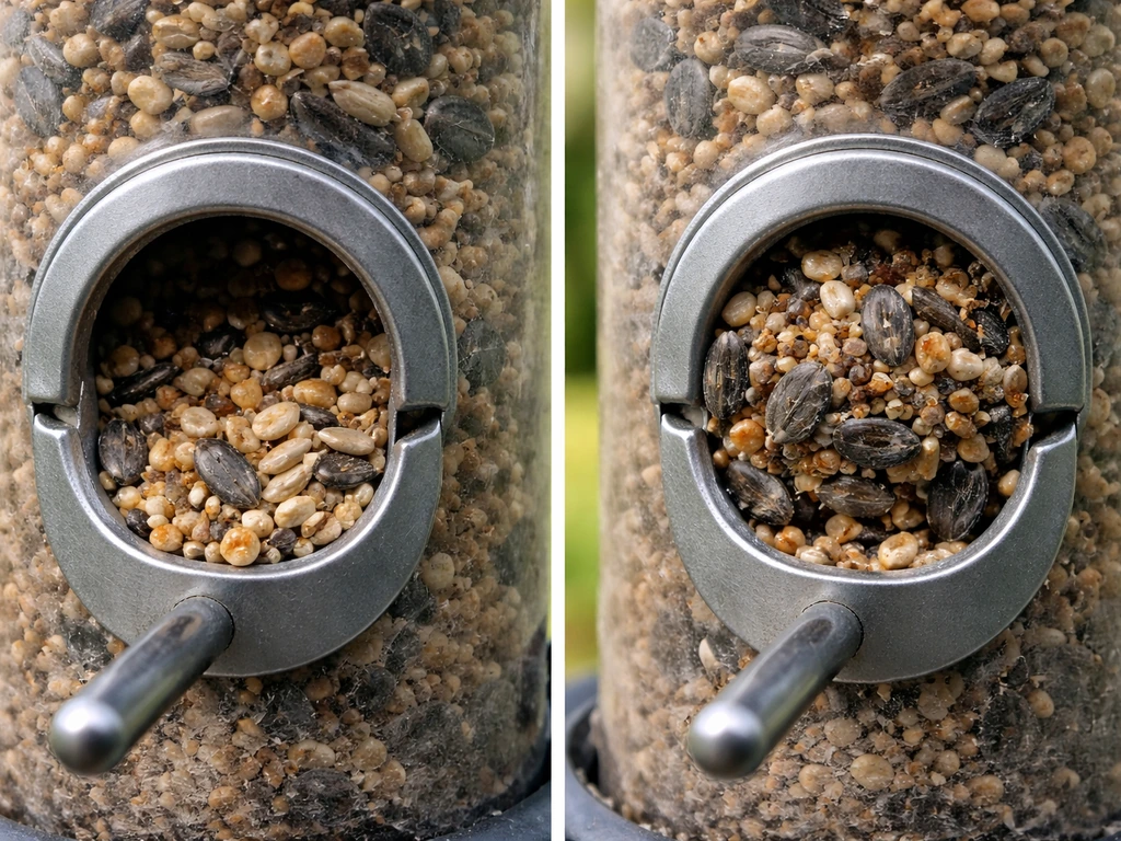 Close-up of a seed feeder port area showing loose seeds vs a tight clump causing blockage.