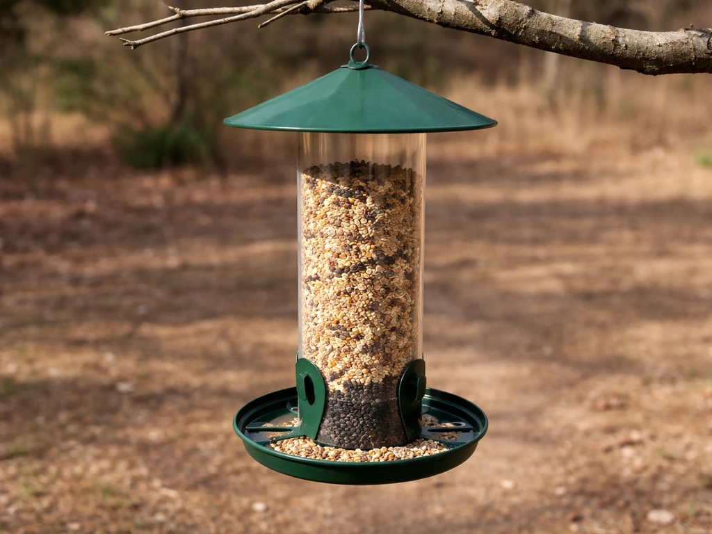 Covered tube bird feeder with dry, clean feed area; no wet clumps or mold visible.