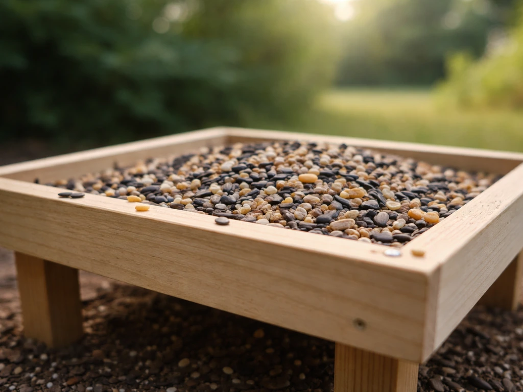 Close-up of a raised outdoor tray bird feeder with scattered seeds in soft daylight