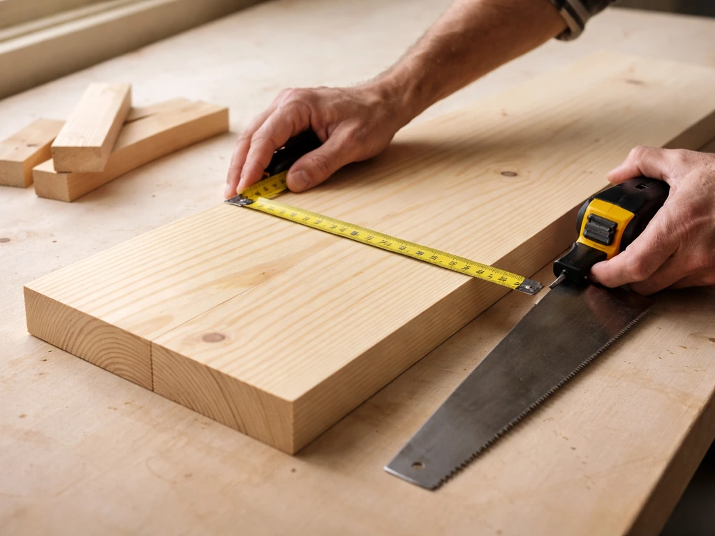 Close-up of hands marking and cutting a small wood tray base with a tape measure and saw