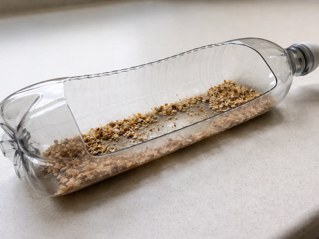 A cut-open 2-liter plastic bottle turned into a shallow tray feeder on a clean tabletop.