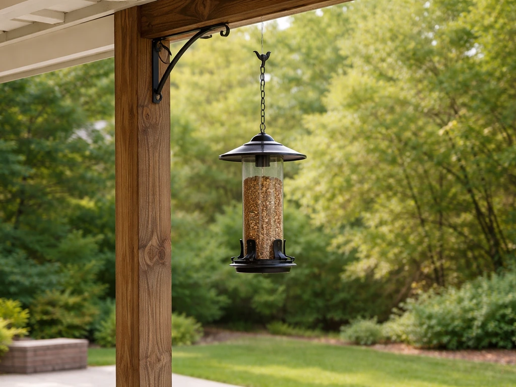 Bird feeder hung high from a secure mount on a porch post, showing proper placement and squirrel-proof height.