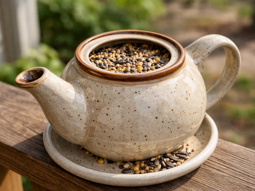 Close-up of a ceramic teapot bird feeder with seeds near the spout, lid hole open as fill port.