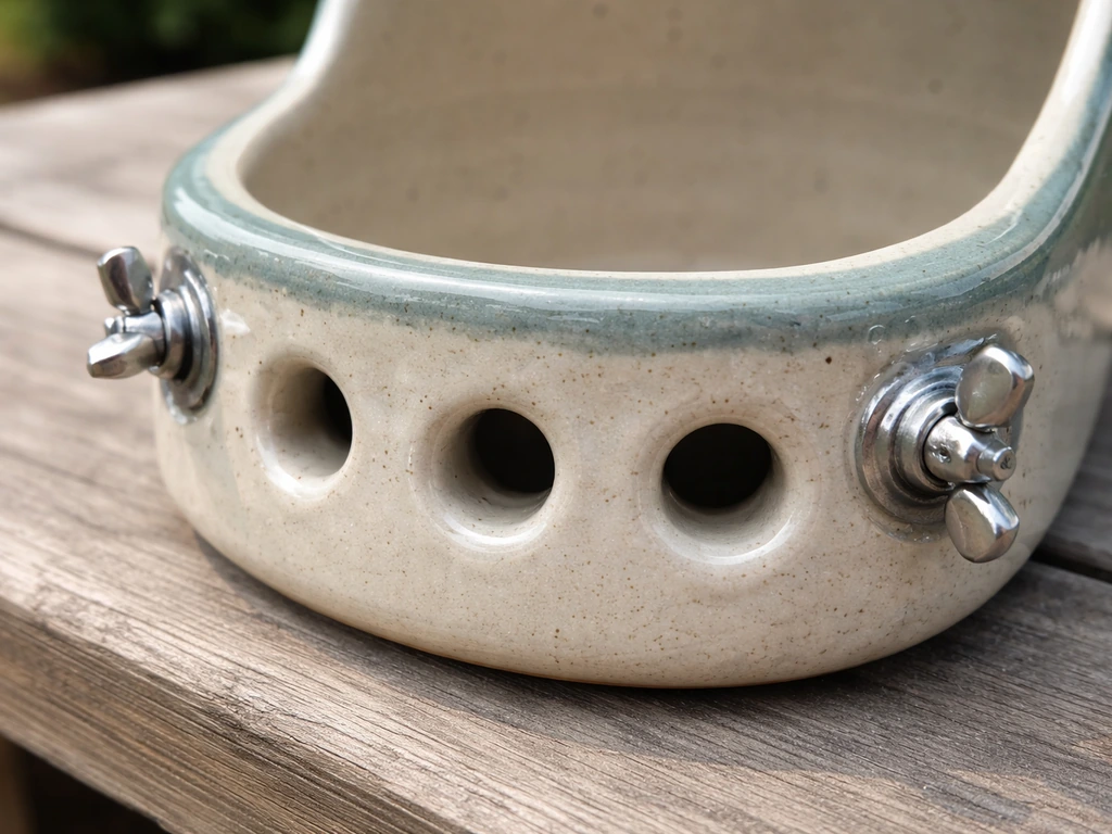 Close-up of a ceramic feeder’s drilled holes sealed with glossy waterproof RT coating over metal hardware.