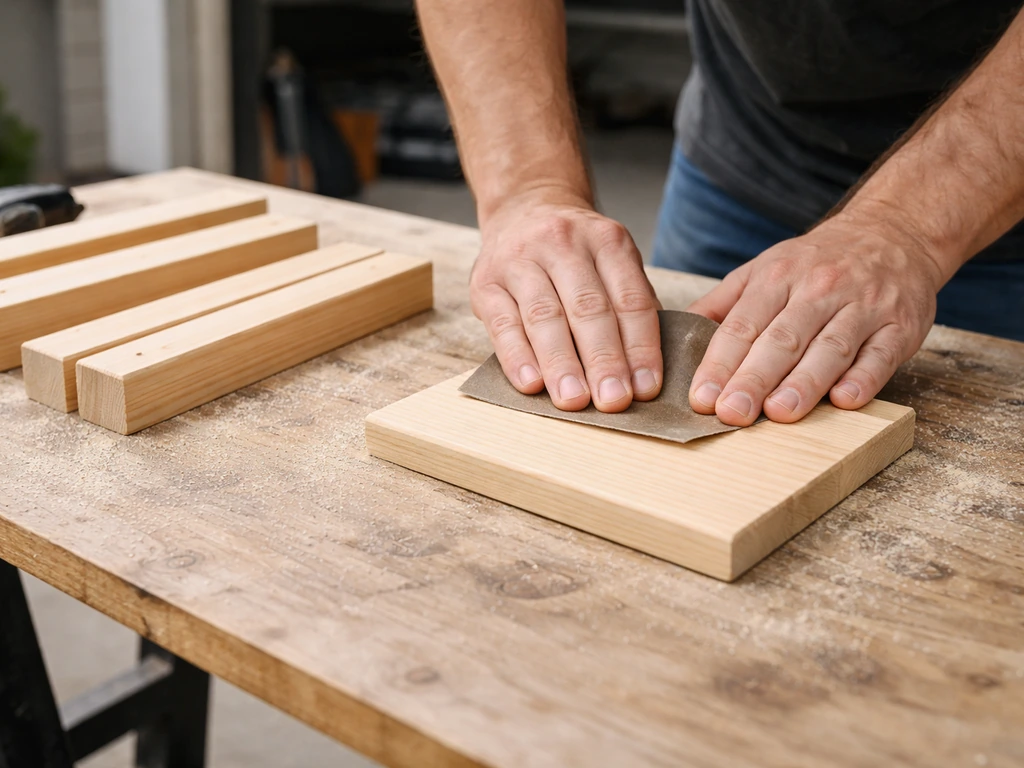 Person sanding a small wooden board and neatly cut pieces on a workbench for an oriole feeder