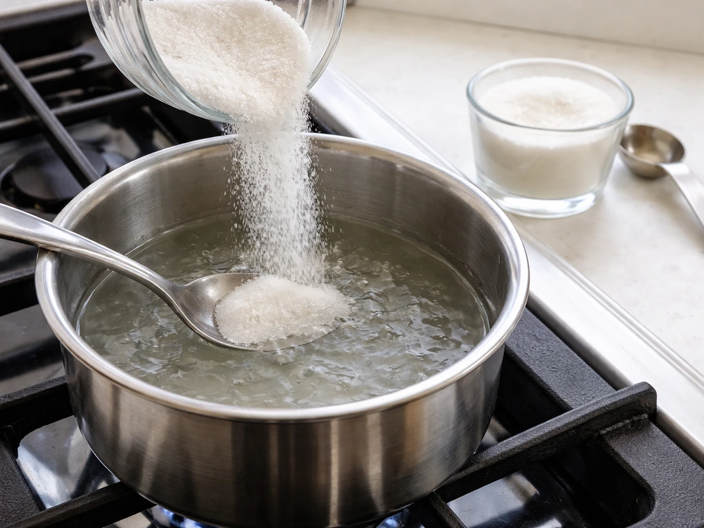 Sugar being stirred into boiled water in a small pot with measuring cups beside it.