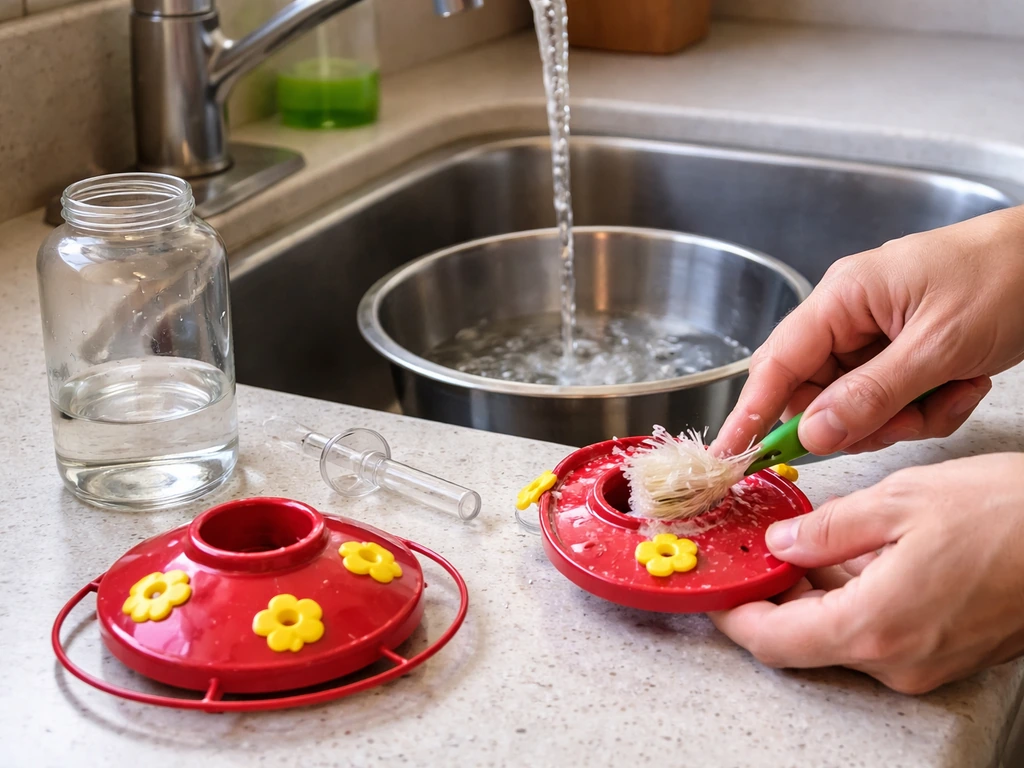 Hands scrubbing an emptied nectar feeder with a bottle brush under gentle hot running water.
