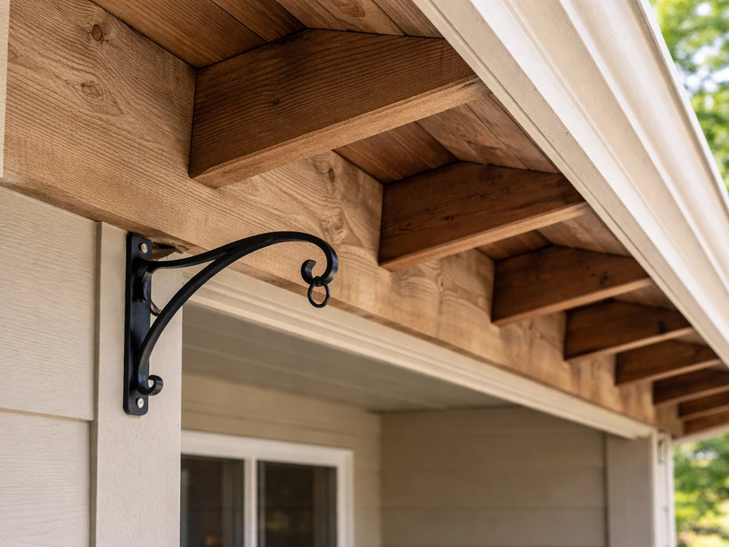 Close-up of exposed rafter tails and soffit under eaves, showing a safe placement area