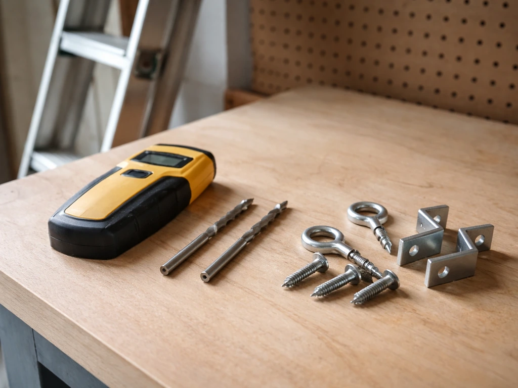 Tools and mounting hardware for installing eaves hooks and brackets laid out on a workbench.