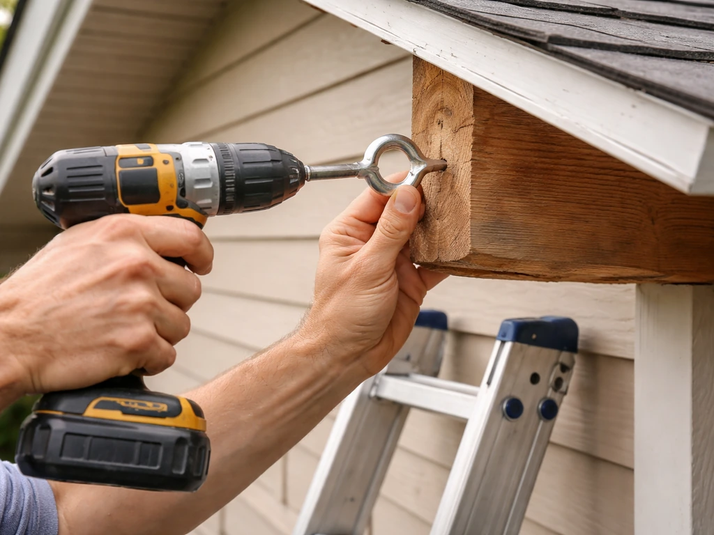 Hand with a drill screws an eye hook into an exposed rafter tail beside a ladder under the eave.