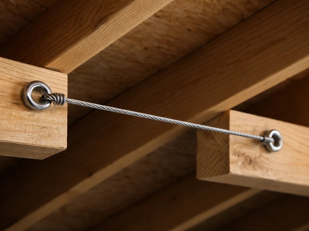 Braided galvanized wire tensioned between two eye bolts on roof rafters, creating a level hanging line