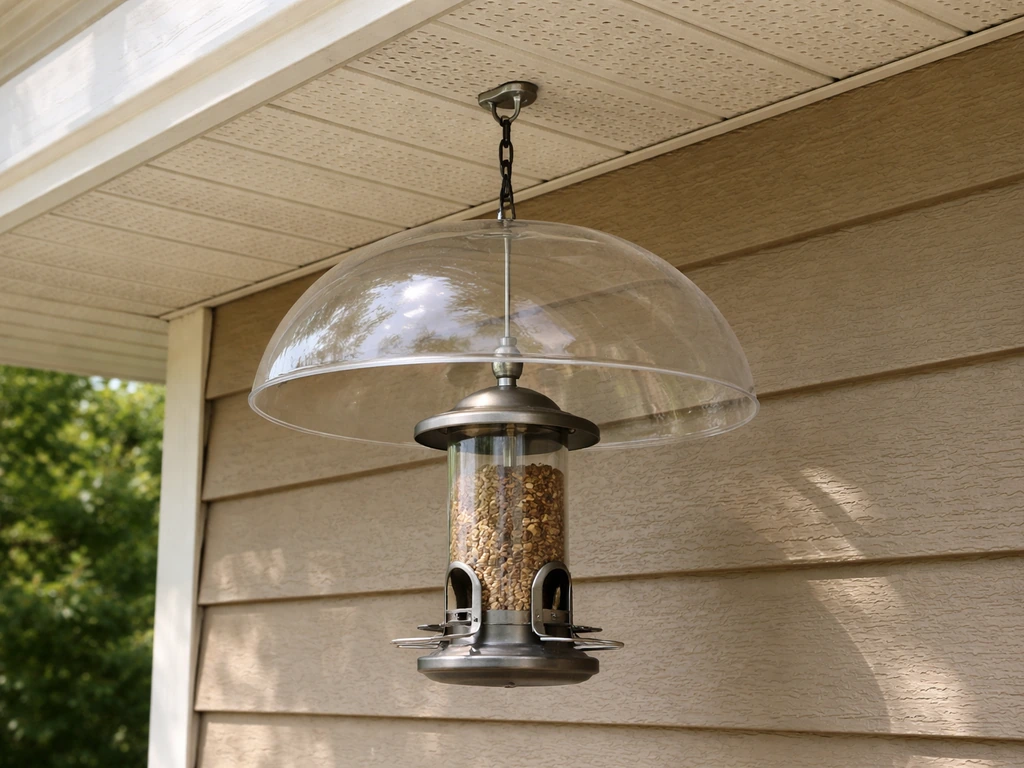 Eave-mounted bird feeder with a short hanger and a squirrel baffle dome under an overhang