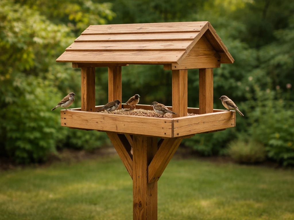 Weathered wooden bird feeder stand in a yard with a couple of small birds perched nearby.