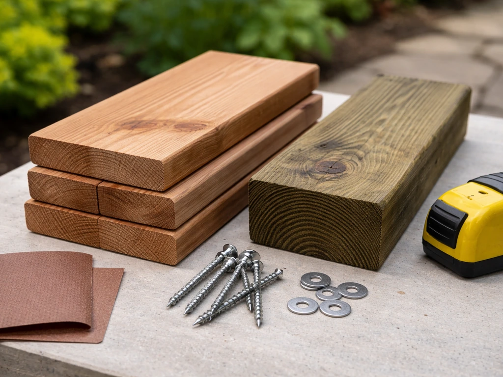 Close-up of cedar boards and pressure-treated lumber pieces for an outdoor bird feeder build