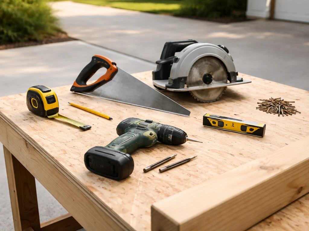 Hand tools and power tools laid out on a workbench for building: tape measure, saw, drill/driver, level.