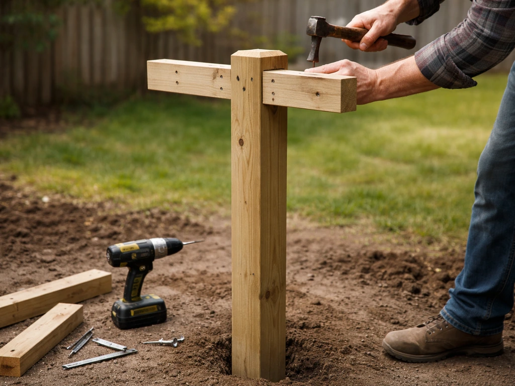 Hands attaching cross-members to an upright 4x4 pole-style wooden bird feeder stand outdoors.