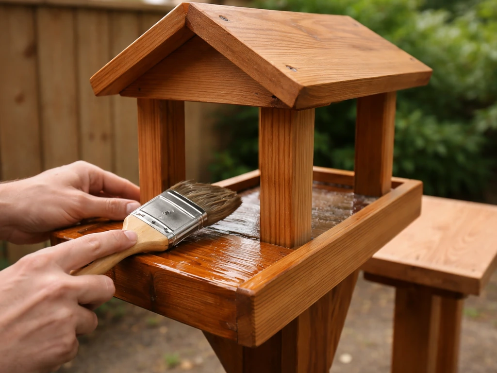 Person brushing semi-transparent exterior deck stain onto a cedar feeder stand, with it drying in the background.