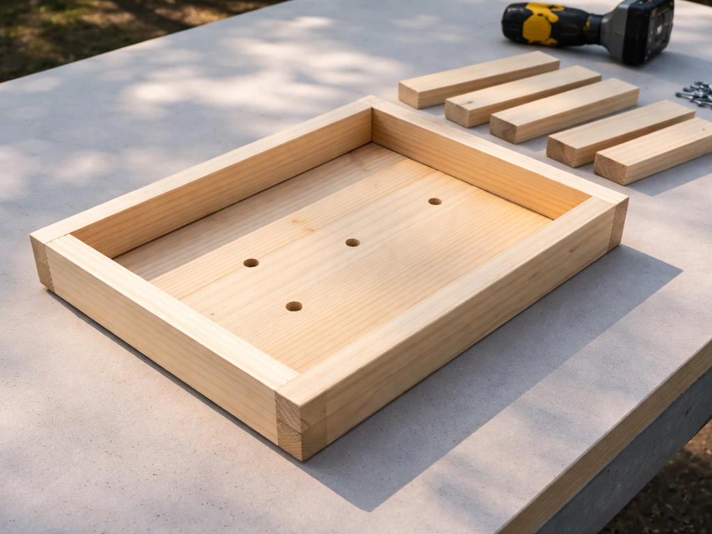 Close-up of a tray feeder base with low rails and drainage holes, with cut pieces laid out nearby.