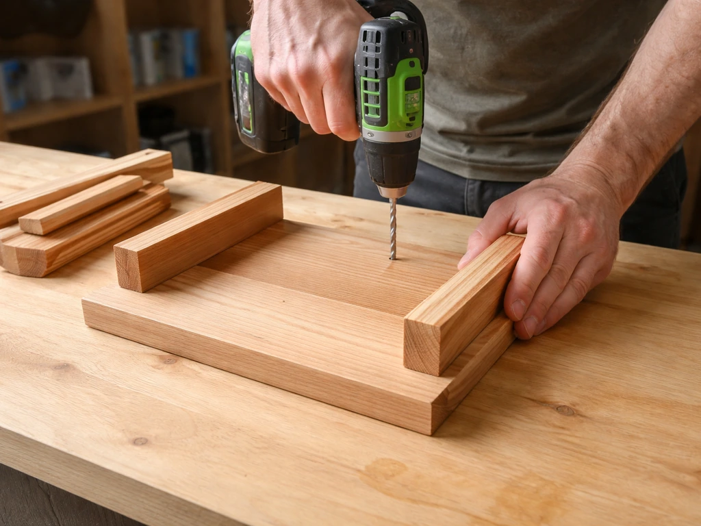 Hands assembling a simple wooden platform feeder using screws and cut cedar boards on a workbench