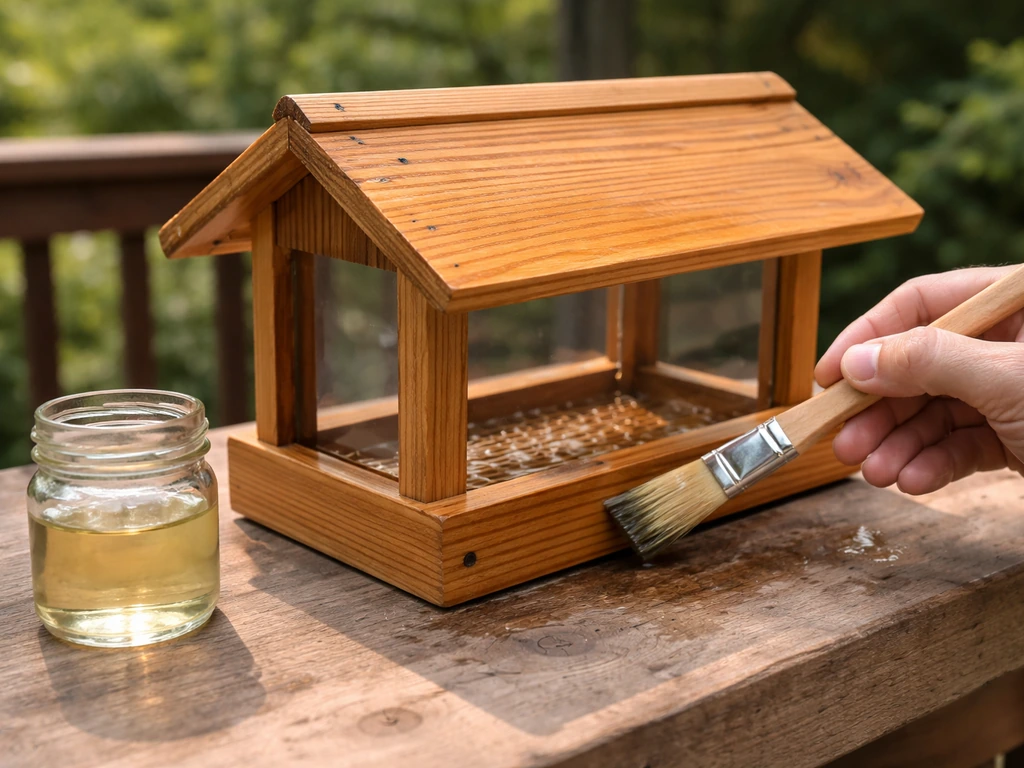 Hand applying bird-safe low-VOC natural oil to a wooden bird feeder in a simple outdoor setting