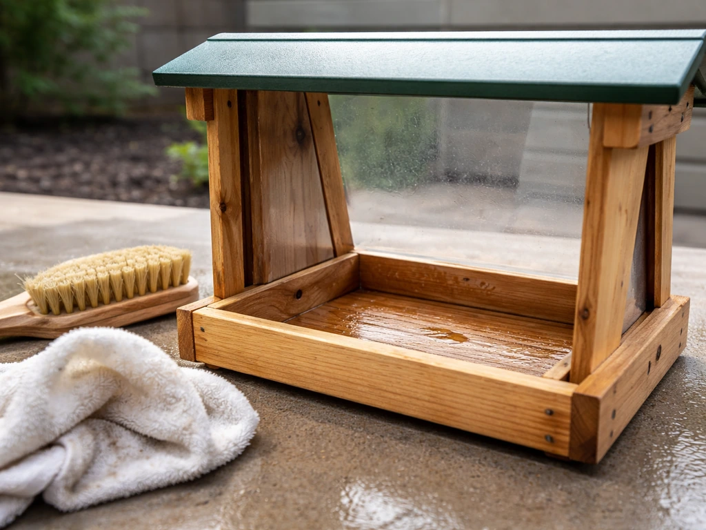 Opened wooden bird feeder on a work surface with old seed removed and interior being scrubbed.