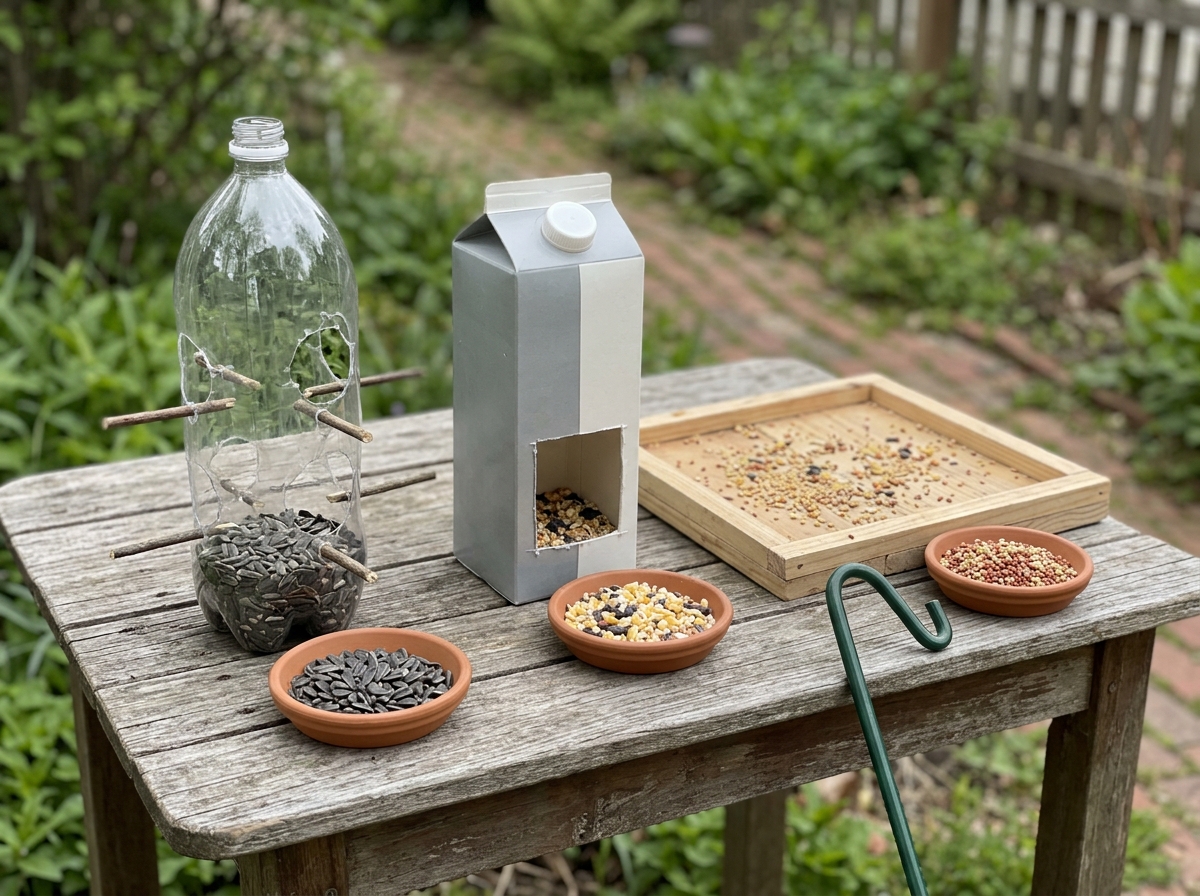 Bird feeder types laid out side-by-side with openings and seed bowls for choosing the right style.