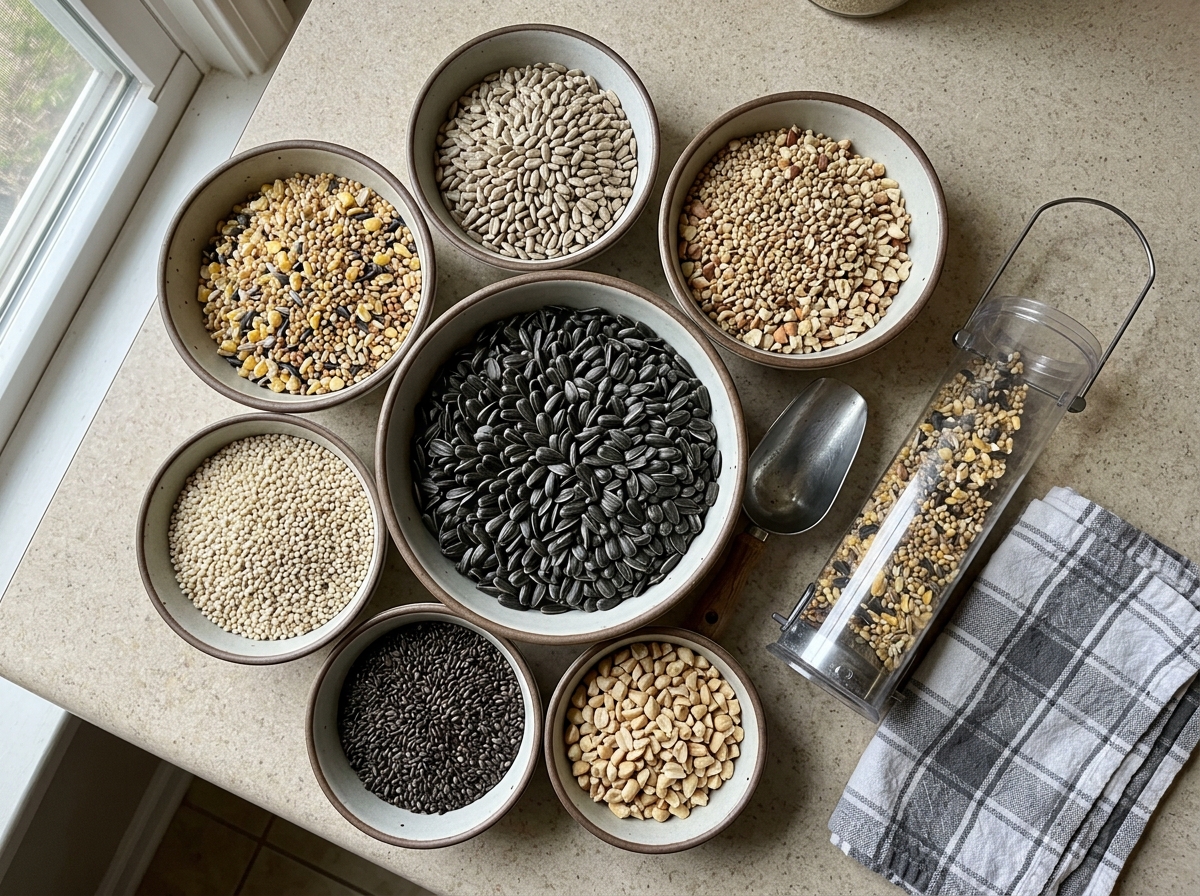 Bowls of bird seed types next to a feeder container to show what to fill it with.