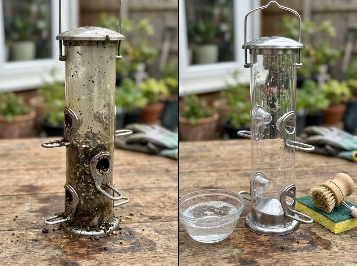 Side-by-side dirty and cleaned bird feeders with vinegar water and a scrub brush.