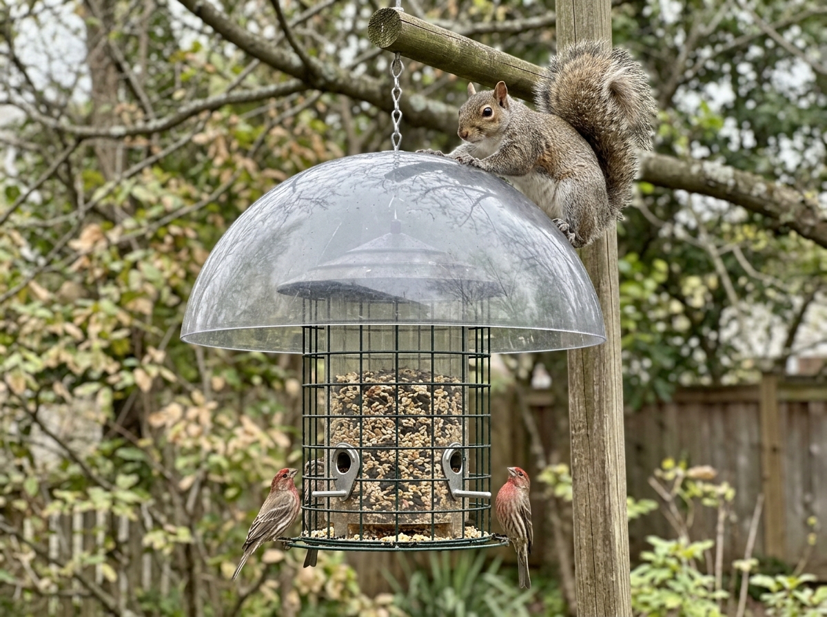 Squirrel baffle installed above a hanging bird feeder to block access.