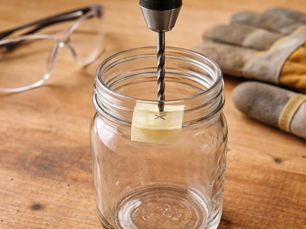 Mason jar on a workbench with masking tape marking a drill point; drill bit poised safely with protective gear.
