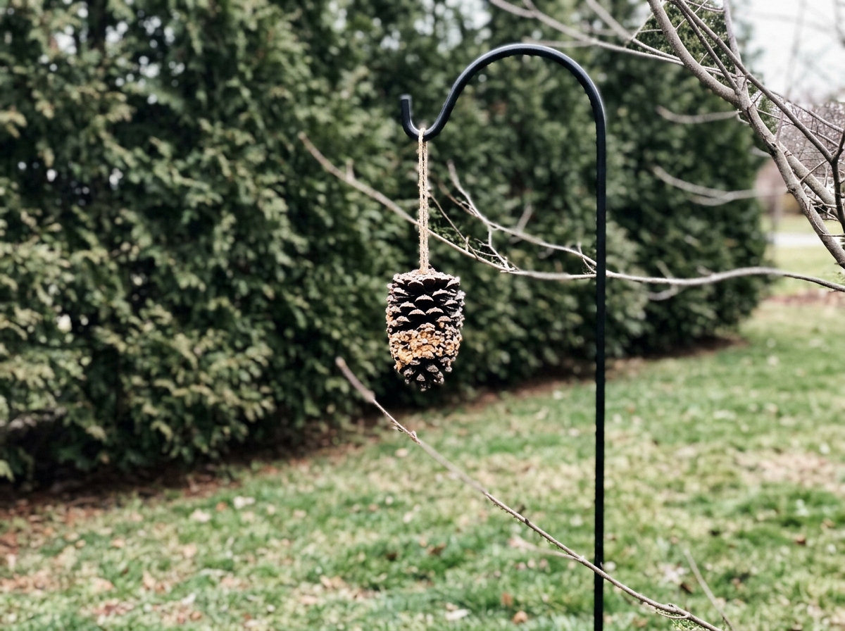 Shepherd’s hook setup with feeder placed near shrubs