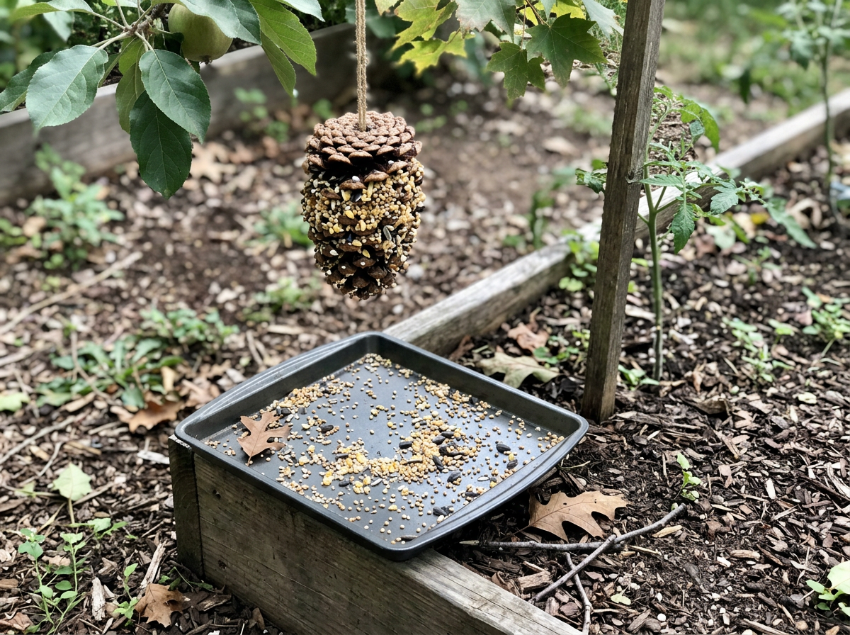 Feeder area with tray collecting fallen seed (less mess)
