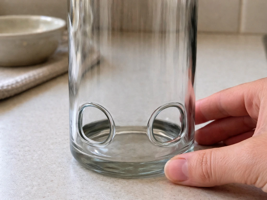 Close-up of a glass bottle with two small, neatly finished seed ports near the base on a countertop.