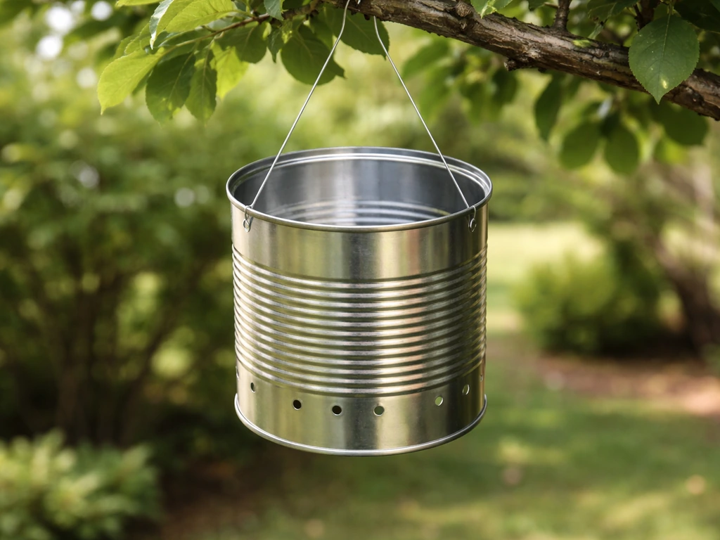A washed hanging tin can bird feeder with punched holes, suspended from a tree branch.