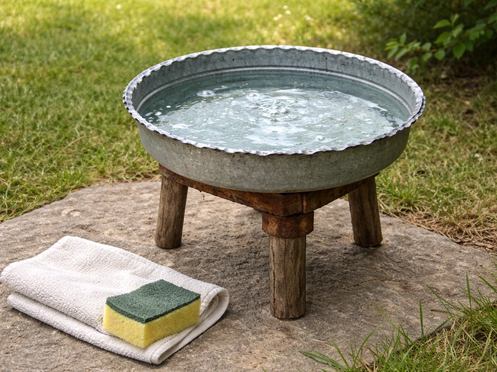 A clean upcycled bird water dish with fresh water, towel and sponge nearby outdoors