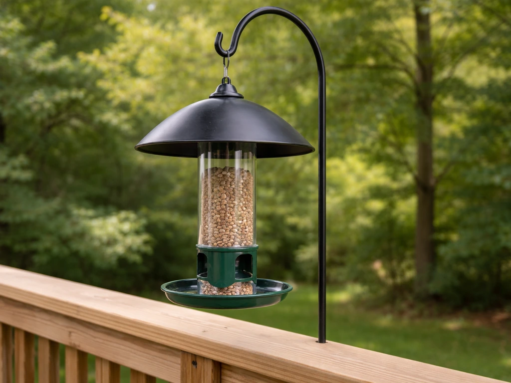 Squirrel-proof bird feeder hanging outdoors with the baffle clearly visible above the seed tray.