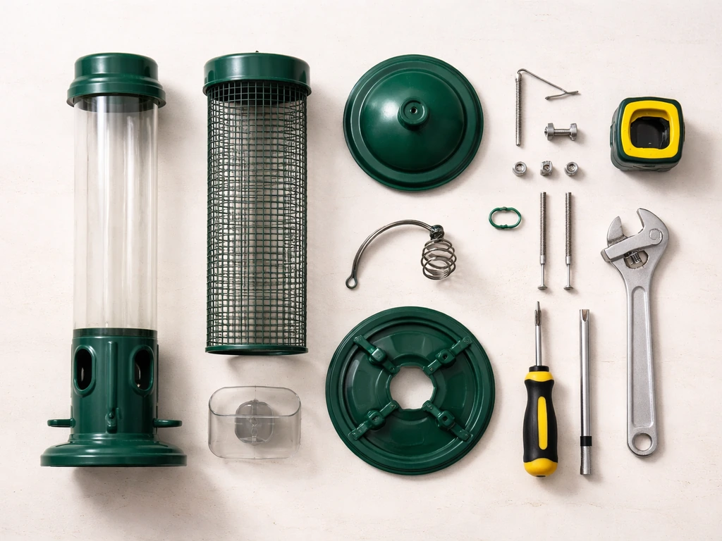 Squirrel Buster Standard parts and tools laid out on a workbench for pre-assembly checking.