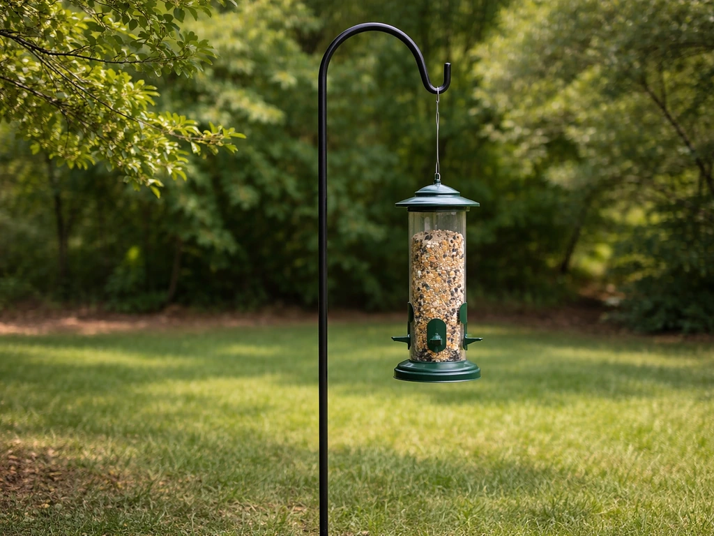 Bird feeder hanging from a shepherd’s hook with clear space and proper orientation in a backyard.