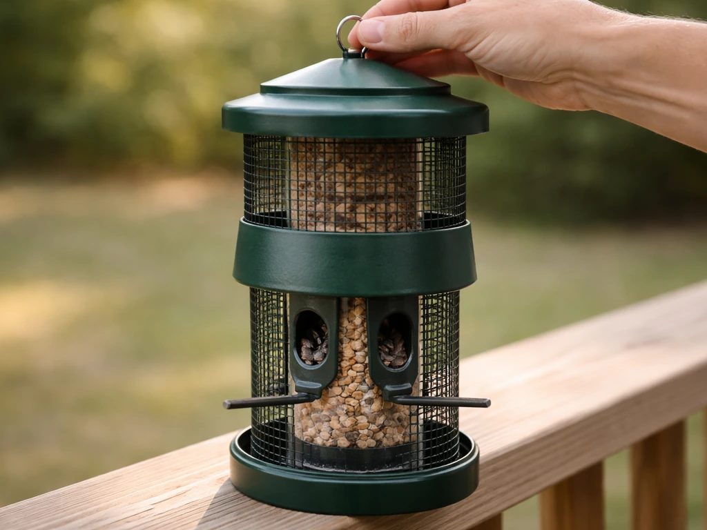 Close-up of a manual push-up test on a squirrel-proof bird feeder shroud with seed ports visible