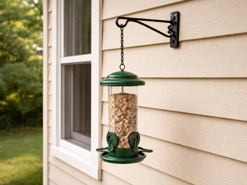 Bird feeder securely mounted on a house exterior, hanging at a safe height with visible mounting hardware.