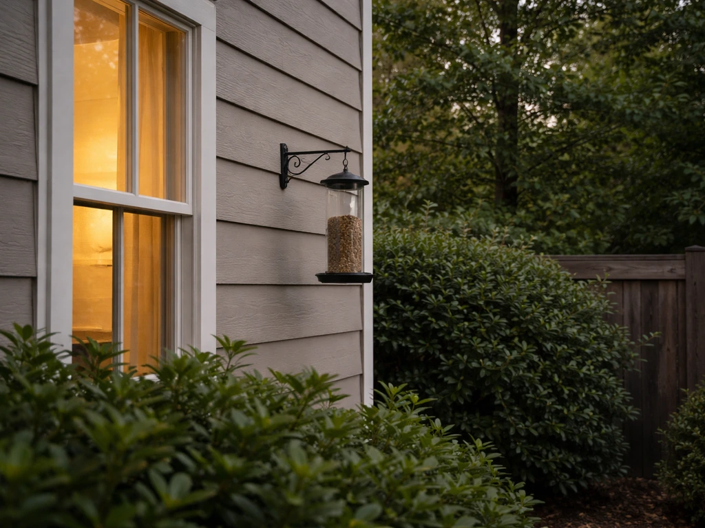 A quiet backyard near a house corner with shrubs and a clear line of sight for a bird feeder, away from windows.
