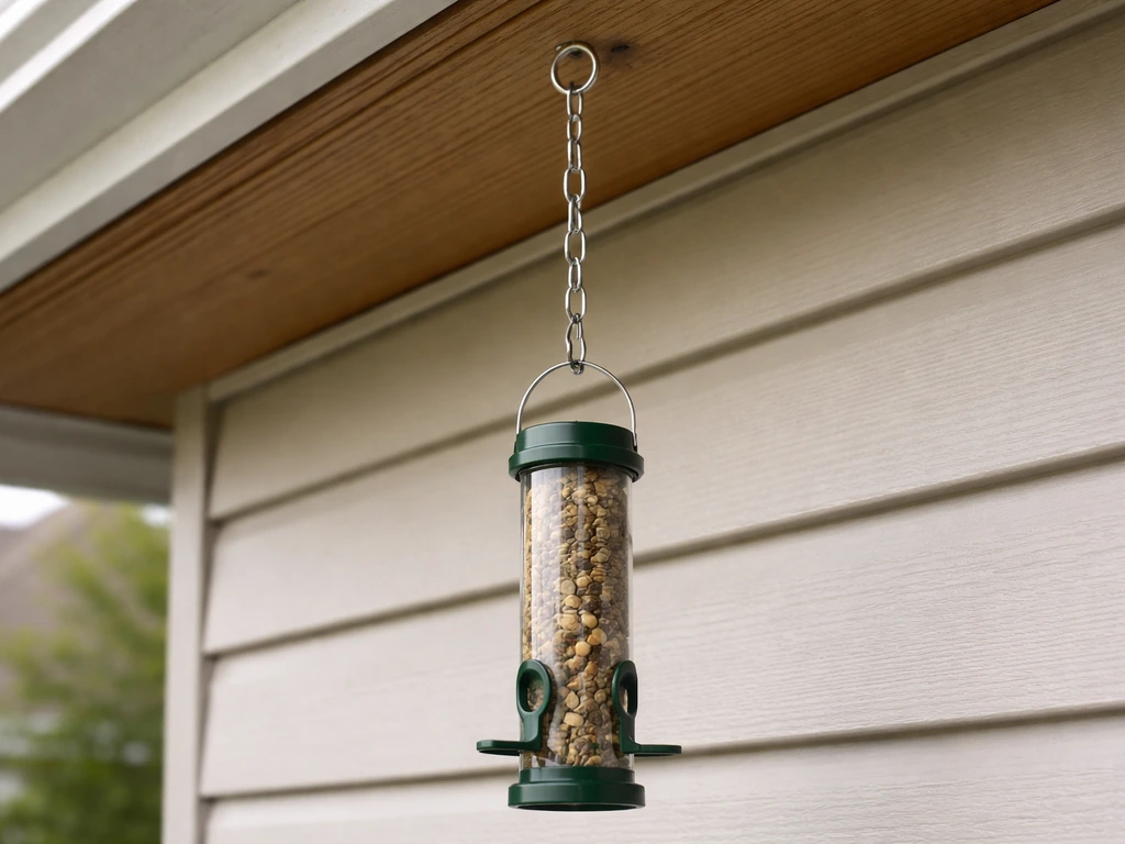 Bird feeder hanging from an eave mount with visible hardware on wood fascia, simple minimal setup.