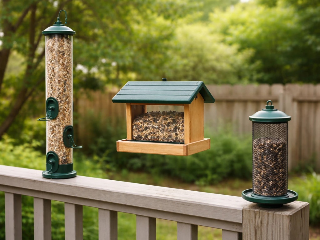 Backyard bird-feeding setup with tube, hopper, and mesh feeders at different heights