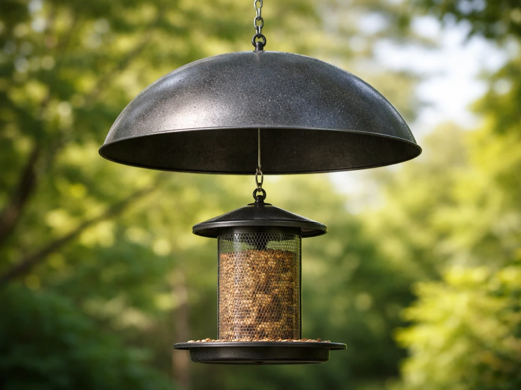 Close-up of a dome-style squirrel baffle mounted on a hanging wire above a bird feeder, showing clearance.