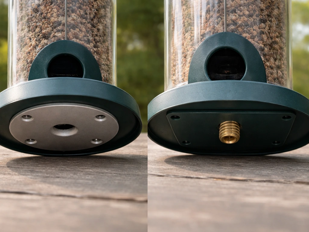 Side-by-side photo of two bird feeders’ bottoms with different mounting styles for easy identification.