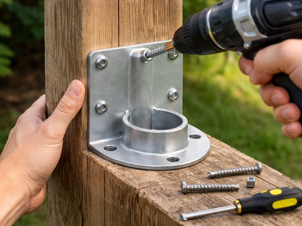 Close-up of a metal bracket being mounted to a wooden post with screws, outdoors
