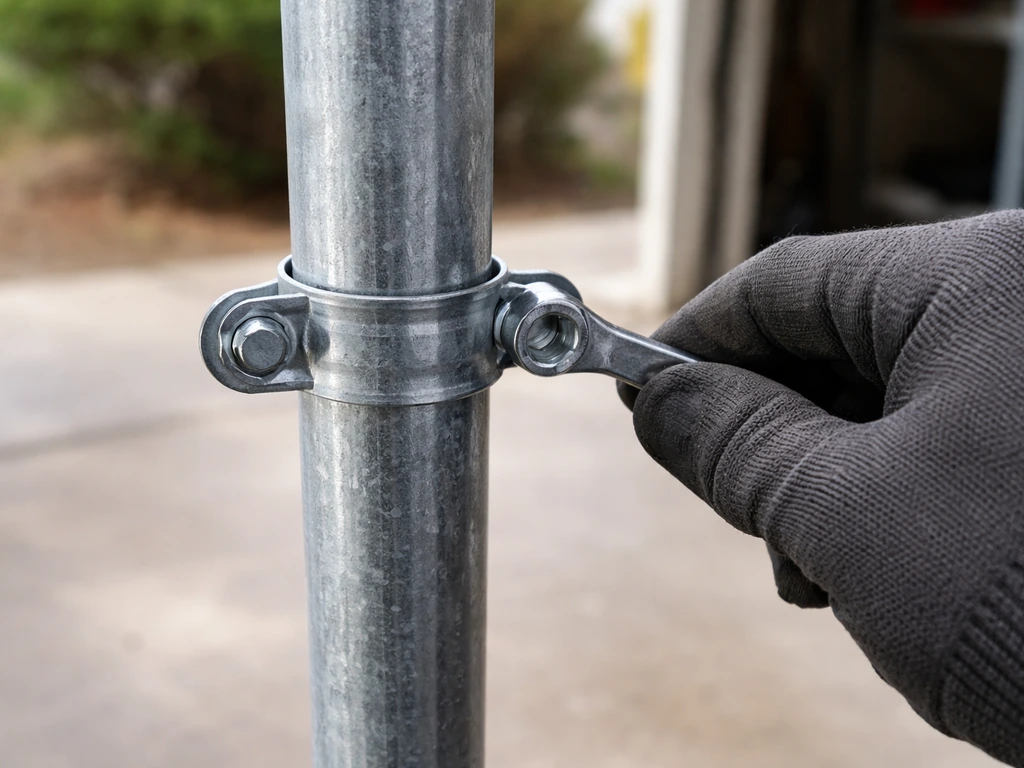 Gloved hand tightens a clamp collar mount on an EMT metal pole without drilling.